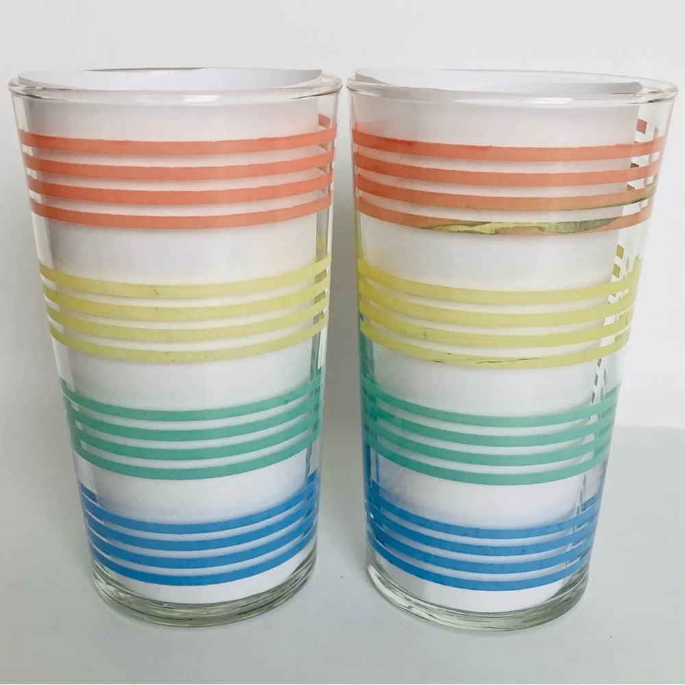 Pastel Striped Bands Tumbler Glasses Vintage MacBeth Evans? Petalware 4 1/2
